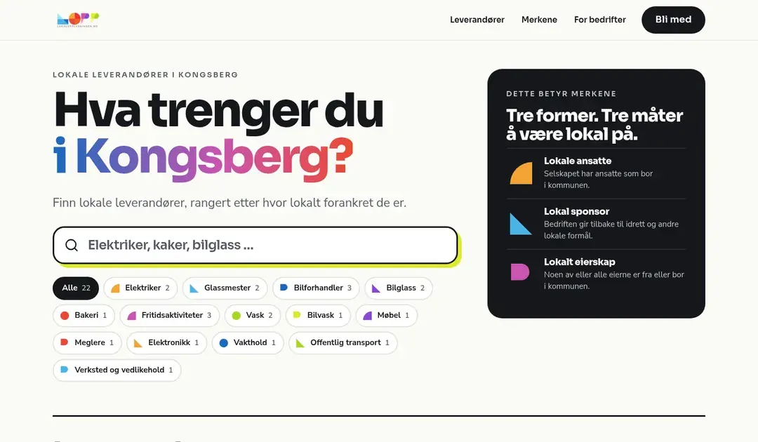 Forsiden i forslag A, med søkefeltet «Hva trenger du i Kongsberg?»