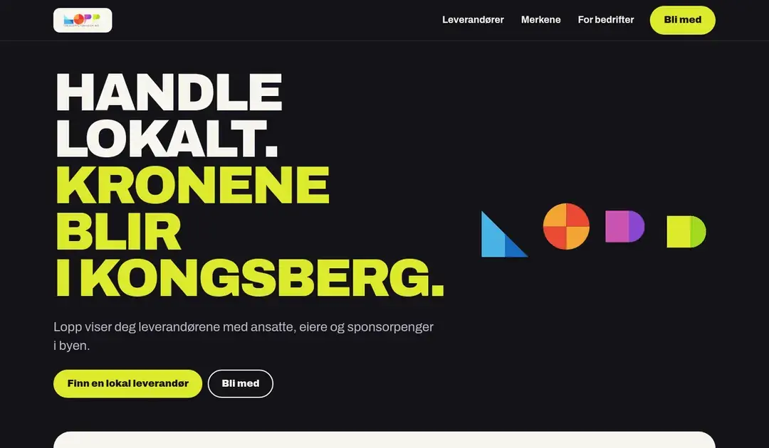 Forsiden i forslag C, med overskriften «Handle lokalt. Kronene blir i Kongsberg.»
